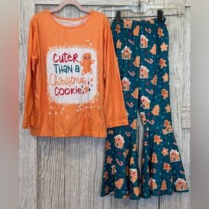 Festive Orange and Green/Blue Kids Christmas Pant Set with Flare legs